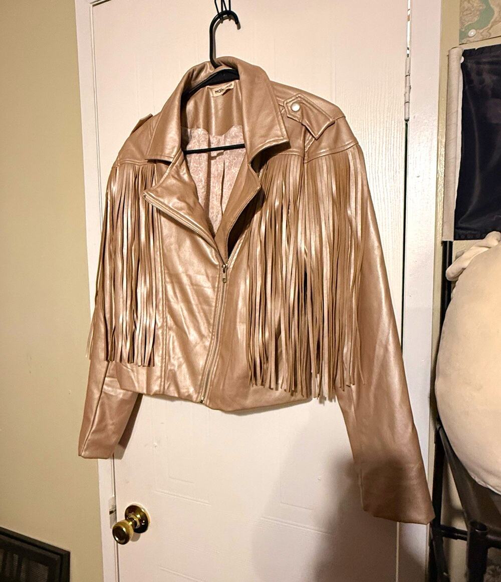 Women’s Main Strip Champagne Fringe Biker Style Zip Lined Jacket Size M/L